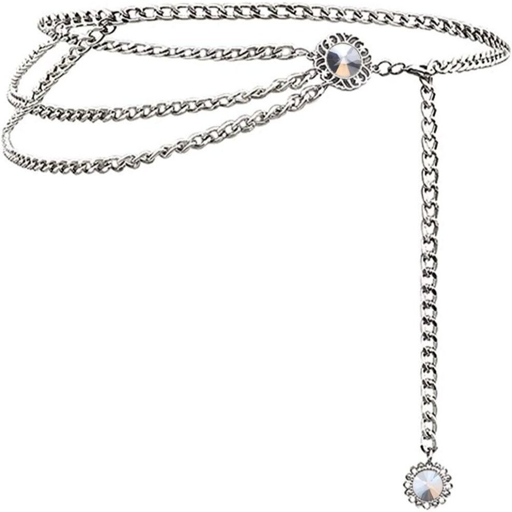 Women's Crystal Silver Multi-layer Metal Waist Chain Dress Belts Metal Belt